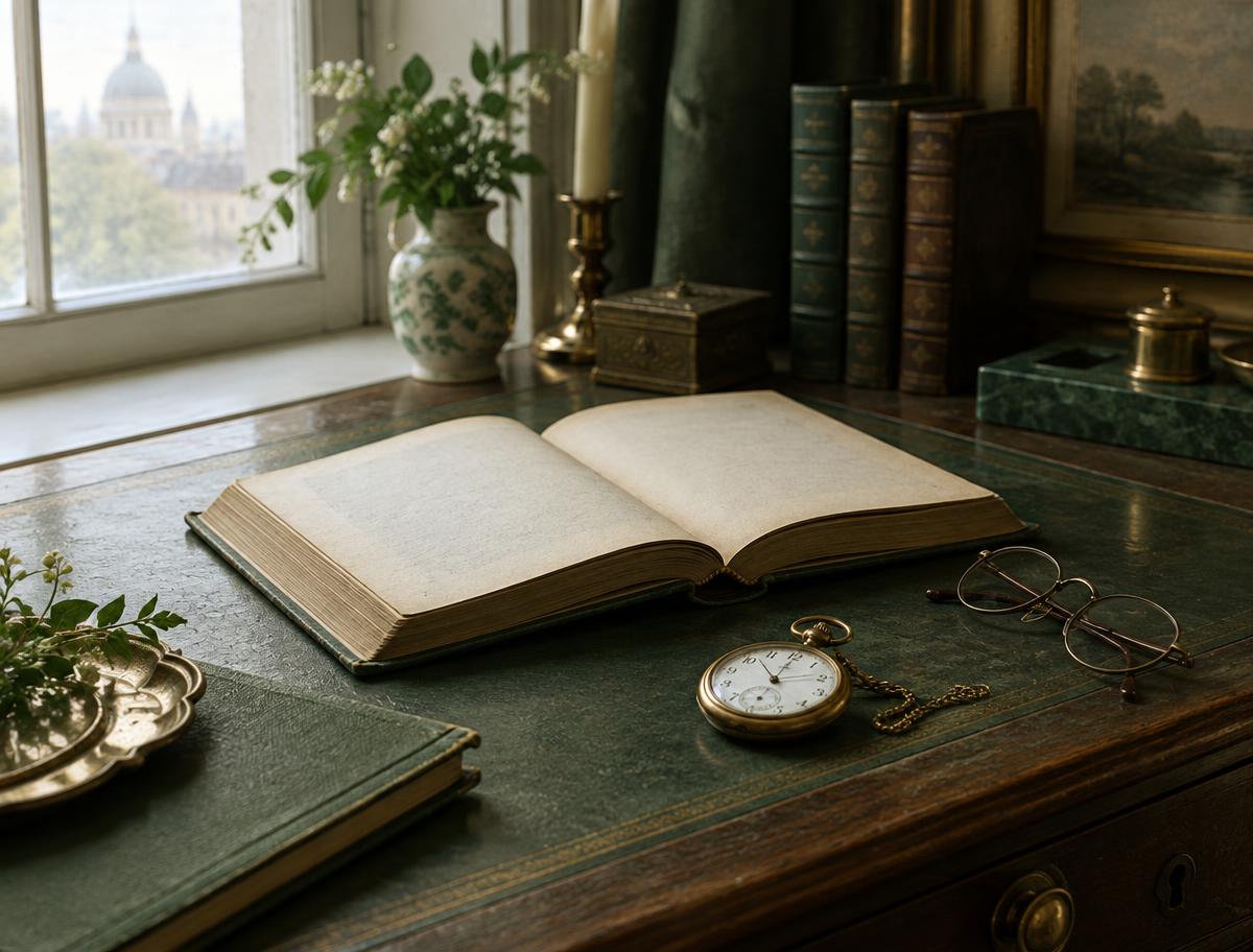 Livro antigo aberto, relógio e óculos em uma mesa de estudo